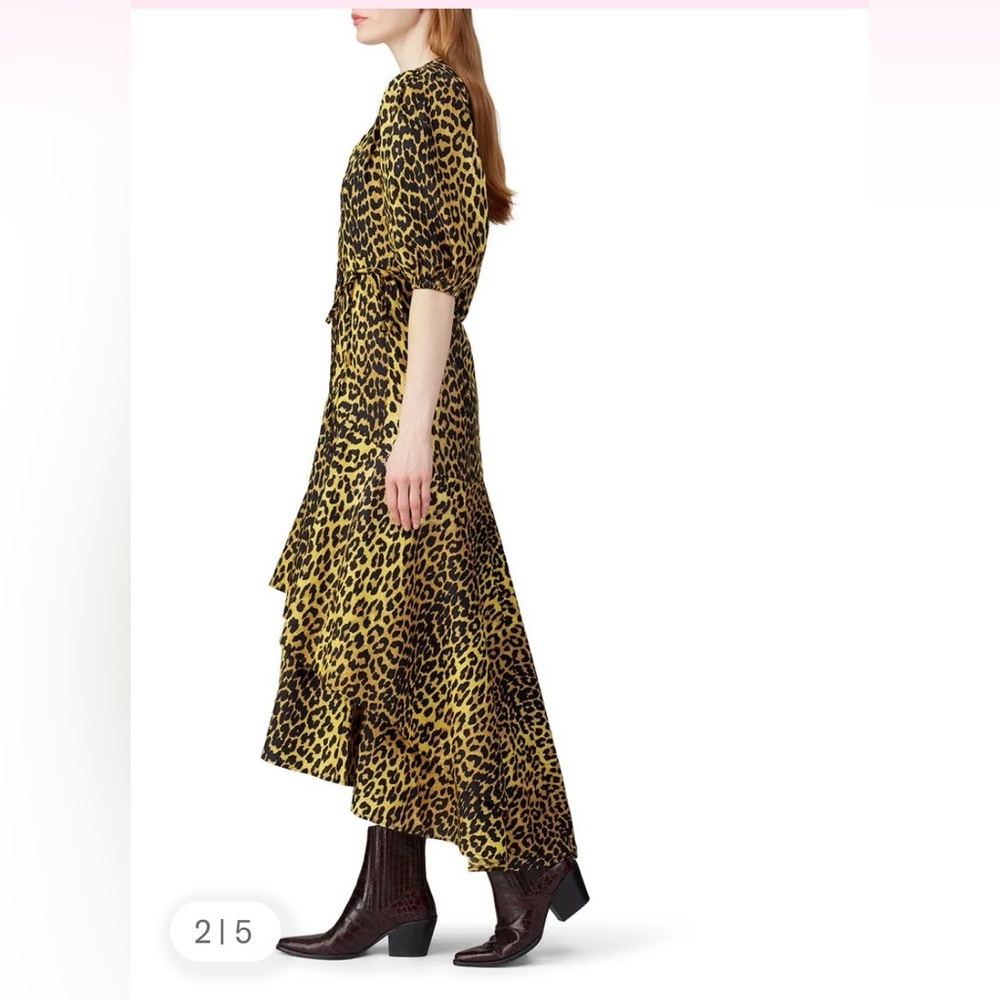 NEW GANNI Bijou cotton-poplin wrap dress minion yellow leopard